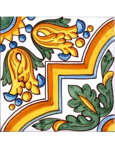 Piastrella decorata a mano in ceramica di Caltagirone serie Sicula decoro Enna