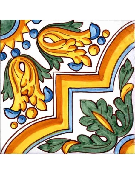 Piastrella decorata a mano in ceramica di Caltagirone serie Sicula decoro Enna