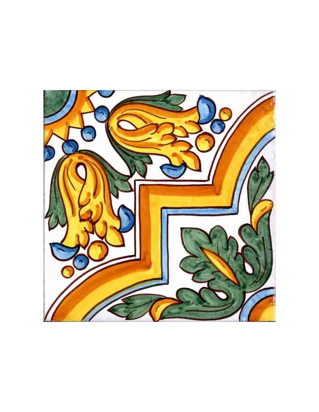 Piastrella decorata a mano in ceramica di Caltagirone serie Sicula decoro Enna