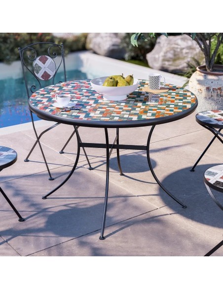 Tavolo da giardino rotondo 110 cm in metallo nero con mosaico patchwork in ceramica